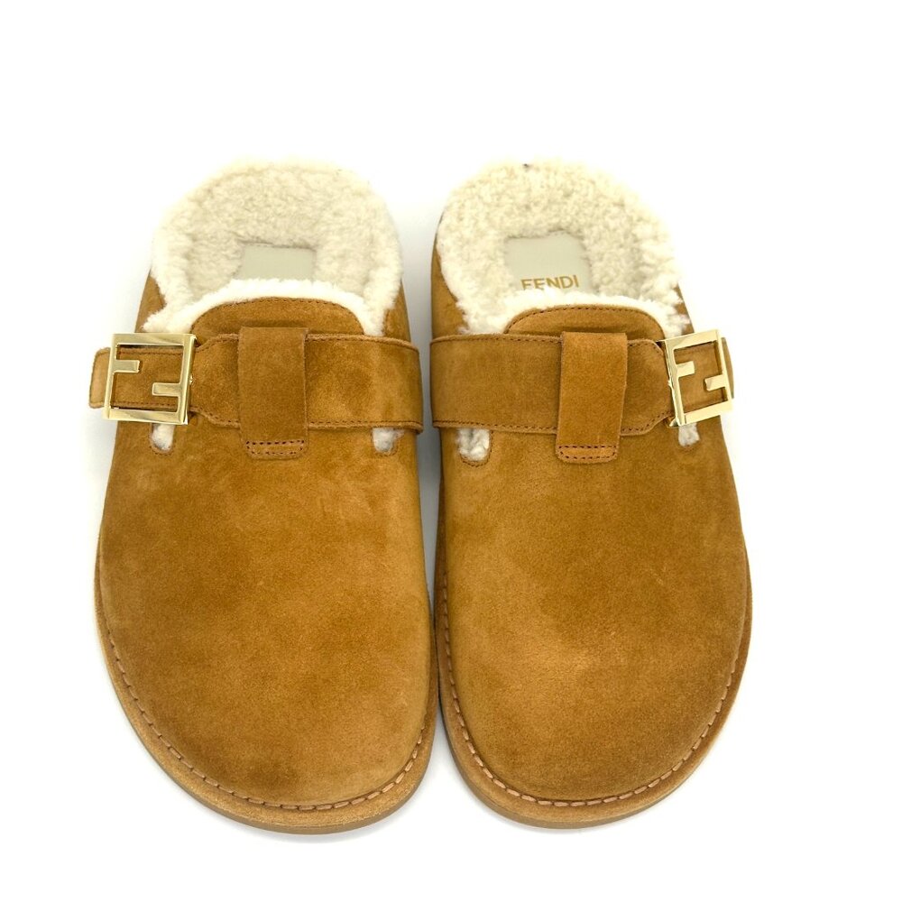 FENDI Feel FF Shearling Buckled Sabots Mules Slides Flat Clog Sandals - Picture 9 of 15